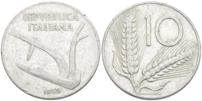 ИТАЛИЯ 10 ЛИР 1955 R, ПЛУГ, КОЛОСЬЯ KM 93 алюминий 175-354