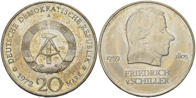 ГДР 20 марок 1972 А, Фридрих Шиллер (1759-1805) KM 40 медно-никель 82-1111