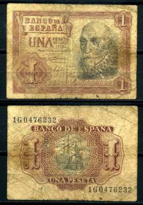 Испания 1 песета 1953 22 июля 1953, Мигель де Санта Круз Pick 144а бумага 7207-44-1-2