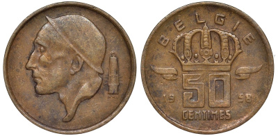 Бельгия 50 сантимов 1958 KM 149 бронза 4174-153