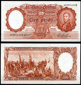 Аргентина 100 песо ND (1967-1969) Генерал Сан Мартин, картина "Основание Буэнос-Айреса" Pick 272 (10)  бумага  аUNC  444-133-2-2