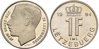 Люксембург 1 франк 1994 Великий герцог Жан (1964-2000), тираж 10.000 экземпляров KM 63 сталь плакированная никелем  BU  4635-1221