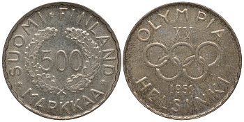 Финляндия 500 марок 1951 H, XV зимние Олимпийские игры в Хельсинки 1952 года KM 35 серебро 00-814-38