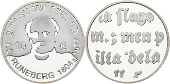 Финляндия 10 евро 2004 200 лет со дня рождения Йохана Людвига Рунеберга, поэт KM 115 серебро  PROOF 11-127-45