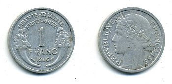 ФРАНЦИЯ 1 ФРАНК 1946 KM 885а.1 алюминий 84-244