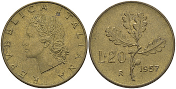 ИТАЛИЯ 20 ЛИР 1957 R, ДУБОВЫЙ ЛИСТ KM 97.1 алюминиевая бронза 28-127