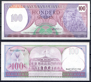 Суринам 100 гульденов 1985 Pick 128 b бумага UNC (пресс) 8615-49-2-1
