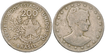 Бразилия 200 реалов 1901 MCMI, голова свободы вправо KM 504 медно-никель 4612-312