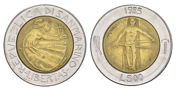 Сан-Марино 500 лир 1985 Борьба с наркотиками KM 181 биметалл UNC 4648-325