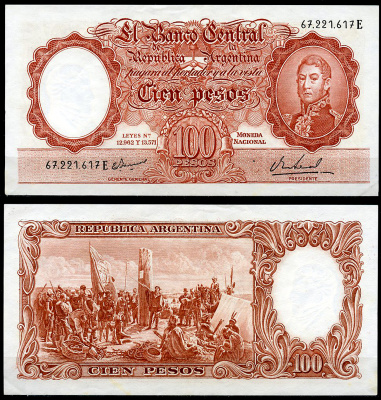 Аргентина 100 песо ND (1967-1969) Генерал Сан Мартин, картина "Основание Буэнос-Айреса" Pick 272 (10)  бумага  аUNC  444-133-2-2