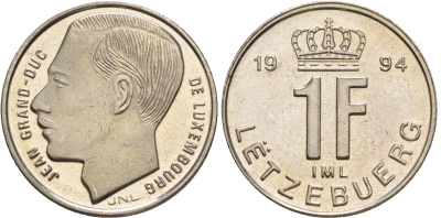Люксембург 1 франк 1994 Великий герцог Жан (1964-2000), тираж 10.000 экземпляров KM 63 сталь плакированная никелем  BU  4635-1221