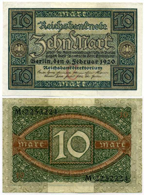 ГЕРМАНИЯ 10 МАРОК 1920 6 ФЕВРАЛЯ 1920, БУКВА C, СЕРИЯ M, СЕМЬ ЦИФР В НОМЕРЕ СЕРИИ Pick 67a, Rosenberg 63а бумага 8613-12-2-1