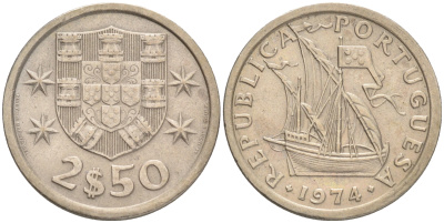ПОРТУГАЛИЯ 2,5 ЭСКУДО 1974 ПАРУСНИК KM 590 медно-никель 75-1618