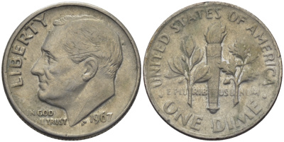 США 10 центов (дайм) 1967 Рузвельт KM 195а медь плакированная медно-никелем 35-1344