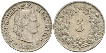 ШВЕЙЦАРИЯ 5 РАППЕНОВ 1925 В KM 26 медно-никель 4532-924