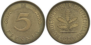 ФРГ 5 ПФЕННИГОВ 1980 J KM 107, Jager 382 сталь плакированная латунью 4547-761