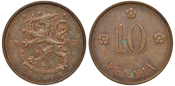 Финляндия 10 пенни 1938 KM 24 медь 51-3015