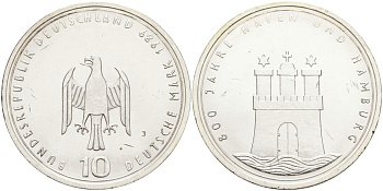 ФРГ 10 марок 1989 J, 800 лет порту Гамбурга J. 448, KM 171 серебро UNC 4558-322