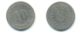 ГЕРМАНИЯ 10 ПФЕННИГОВ 1874 СТАРОГЕРБОВКА, KM 4, J. 4 медно-никель 4379-722