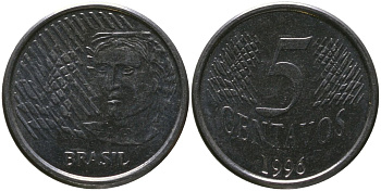 Бразилия 5 сентаво 1996 KM 632, Schon 141 нержавеющая сталь 4519-647