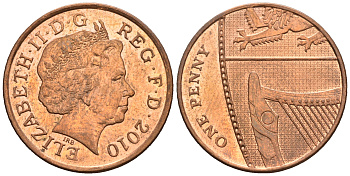 Великобритания 1 пенни 2010 Елизавета II (1952-2022) KM 1107, Spink B6 сталь плакированная медью 4609-721