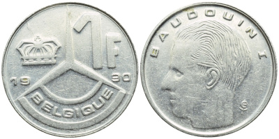 БЕЛЬГИЯ 1 ФРАНК 1990 BELGIQUE KM 170 железо плакированное никелем 4392-864