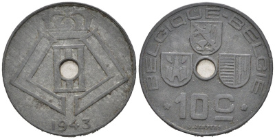Бельгия 10 сантимов 1943 Belgique-Belgie, Леопольд III (1934-1947) KM 125 цинк 4577-954