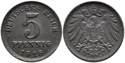ГЕРМАНИЯ 5 ПФЕННИГОВ 1918 D KM 19, Jager 297, Weege 5 железо 4547-568
