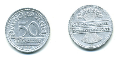 ГЕРМАНИЯ 50 ПФЕННИГОВ 1921 A KM 27, J. 301 алюминий 23-824