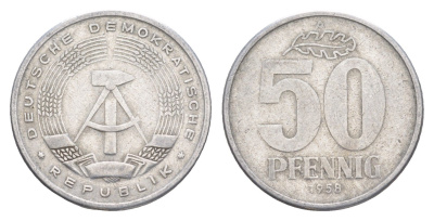 ГДР 50 пфеннигов 1958 A KM 12.1 алюминий 4648-1026