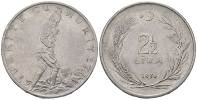 Турция 2 1/2 лиры 1974 KM 893.2 нержавеющая сталь 4619-751