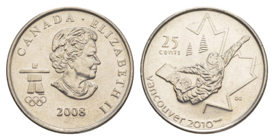 Канада 25 центов 2008 XXI зимние Олимпийские Игры, Ванкувер 2010 - Сноуборд KM 768 сталь плакированная никелем UNC 4637-944