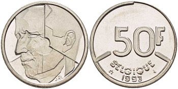 БЕЛЬГИЯ 50 ФРАНКОВ 1993 BELGIQUE, БОДУЭН I (1951-1993) KM 168 никель 210-955