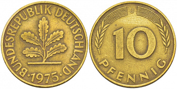 ФРГ 10 ПФЕННИГОВ 1975 J KM 108, J. 383 сталь плакированная латунью 3718-812