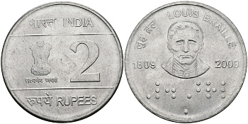 Индия 2 рупии 2009 200 лет Луи Брайлю KM NEW медно-никель UNC 95-157