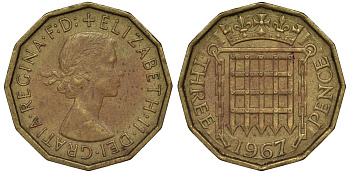 Великобритания 3 пенса 1967 Елизавета II (1952-2022) KM 900, Spink 4153 никель латунь 4128-841