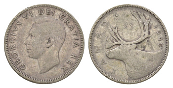Канада 25 центов 1949 Георг VI (1936-1952), олень KM 44 серебро 4622-817