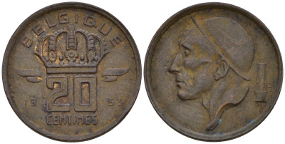Бельгия 20 сантимов 1953 Belgique KM 146 бронза 4152-418