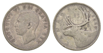 Канада 25 центов 1949 Георг VI (1936-1952), олень KM 44 серебро 4622-817