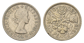 Великобритания 6 пенсов 1959 Елизавета II (1952-2022) KM 903, Spink 4149 медно-никель 100-625