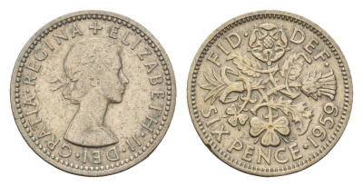 Великобритания 6 пенсов 1959 Елизавета II (1952-2022) KM 903, Spink 4149 медно-никель 100-625