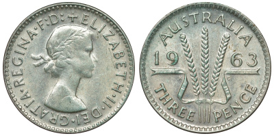 Австралия 3 пенса 1963 m, Елизавета II (1952-2022) KM 57 серебро 71-921