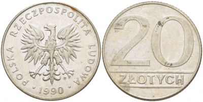 Польша 20 злотых 1990 MW KM 153.2, Parchimowicz 255b медно-никель 213-852