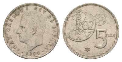 Испания 5 песет 1980 (81) Хуан Карлос , чемпионат мира по футболу, Испания 1982 KM 817 медно-никель 4619-1241