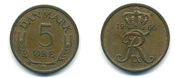 ДАНИЯ 5 ЭРЕ 1966 C; S, ФРЕДЕРИК IX (1947-1972) KM 848.1 бронза 80-335