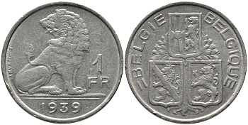 БЕЛЬГИЯ 1 ФРАНК 1939 BELGIE-BELGIQUE KM 120 никель 4385-747