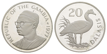 Гамбия 20 даласи 1977 Защита дикой природы - Шпорцевый гусь KM 17a серебро PROOF 3711-2122