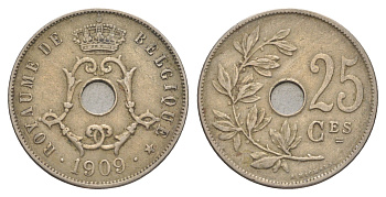 Бельгия 25 сантимов 1909 Belgique, Леопольд I (1865-1909) KM 62 медно-никель 4156-435