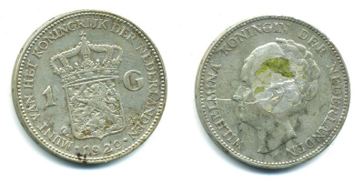 Нидерланды 1 гульден 1929 Вильгельмина (1890-1948) KM 161.1 серебро 53-313