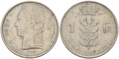 Бельгия 1 франк 1951 BELGIQUE KM 142 медно-никель 4142-446